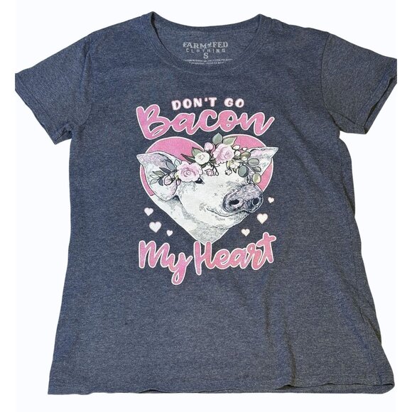 Farm Fed Clothing "Dont Go Bacon My Heart" Heathered Blue Glitter T-Shirt‎ S - Picture 1 of 7